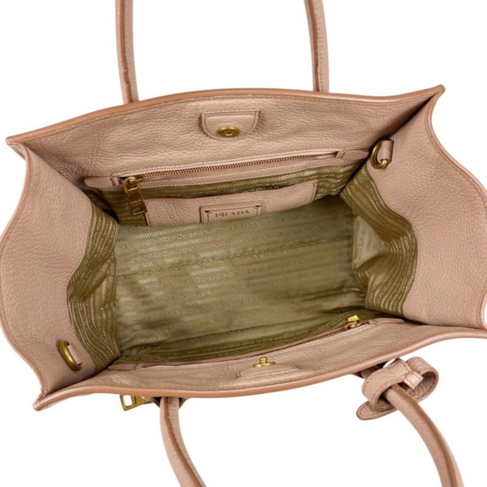 Prada 2-Way Tote Shoulder Bag Vittero Dino Leather Triangle Logo Pink Beige - Picture 11 of 14